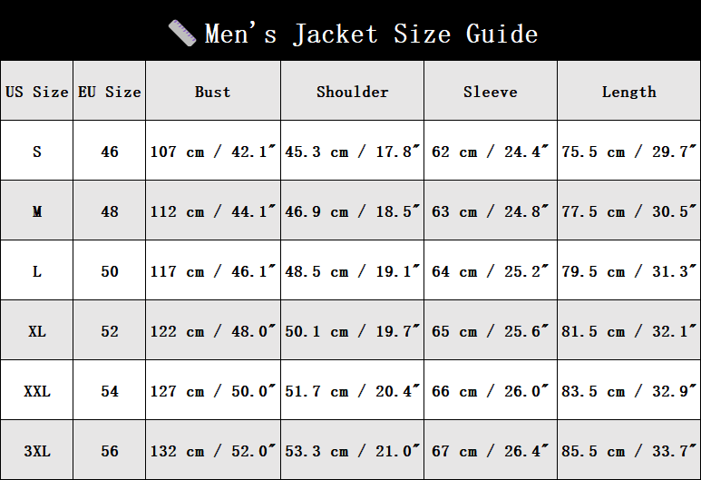 Men's jacket size chart, S to 3XL, centimeters and inches