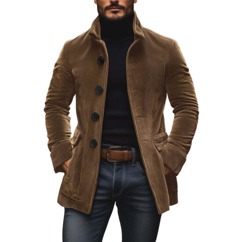 Men's Stand Collar Button Jacket in Brown
