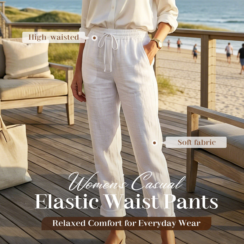 Women's elastic-waist cotton-linen wide-leg pants