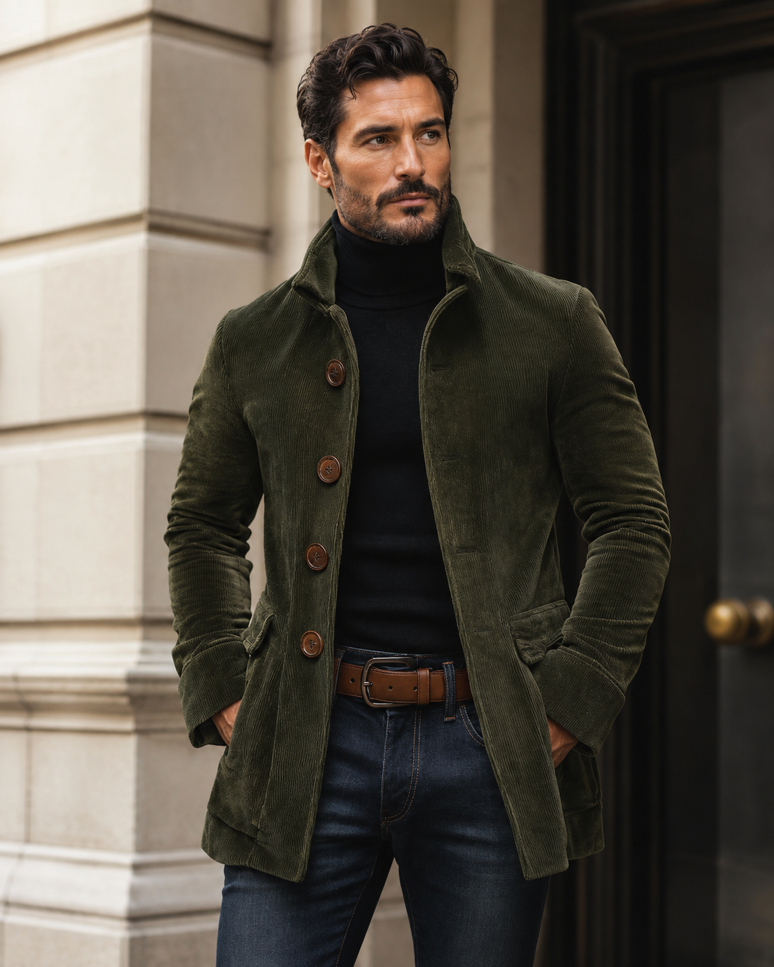 Green stand collar button jacket styled with jeans