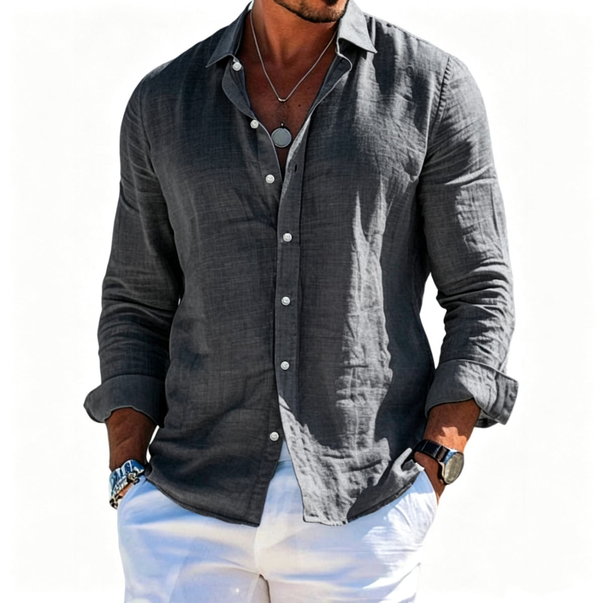 Men's textured long-sleeve shirt in dark gray