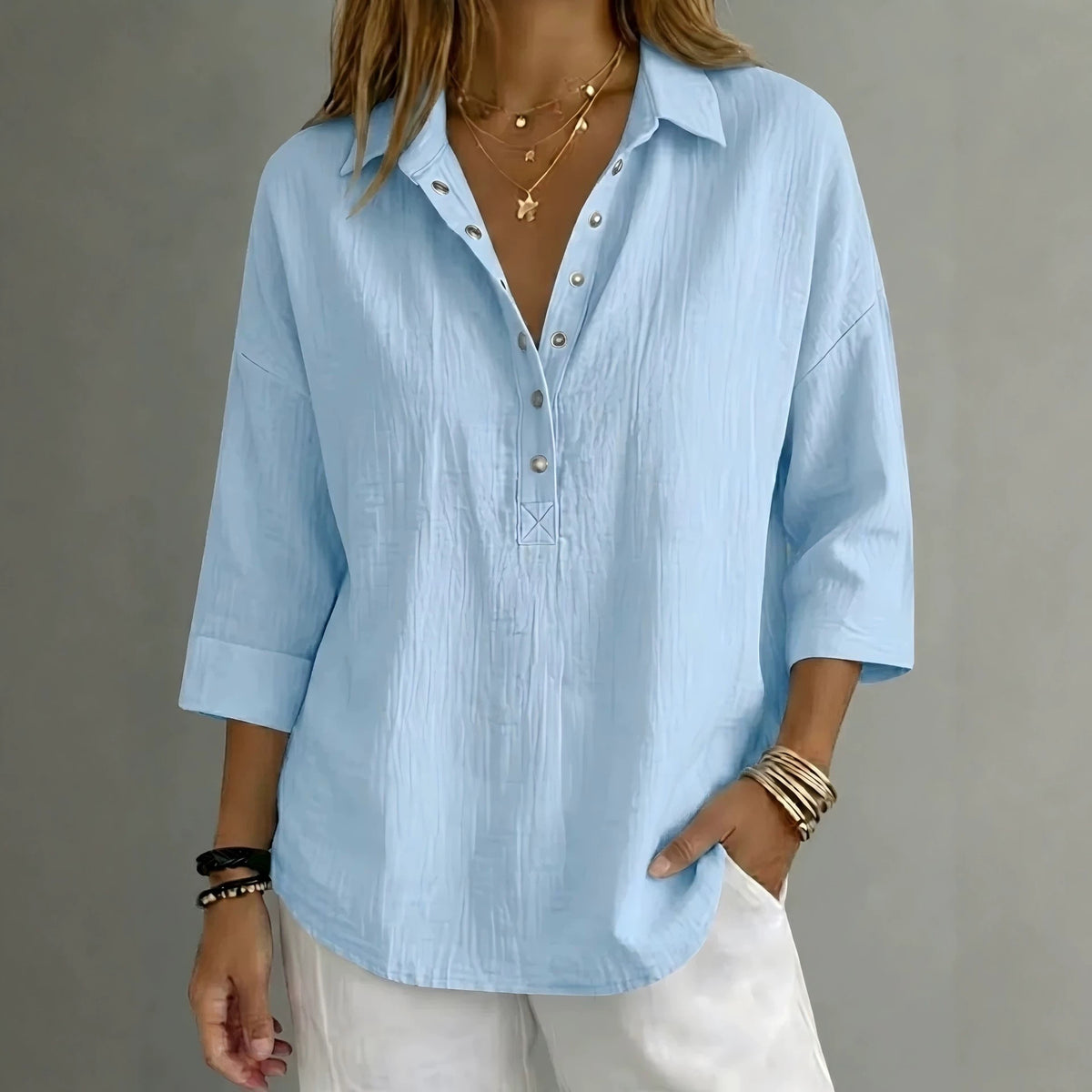 New Arrivalš„ Women's Casual Linen Blend Henley 3/4 Sleeve Shirt