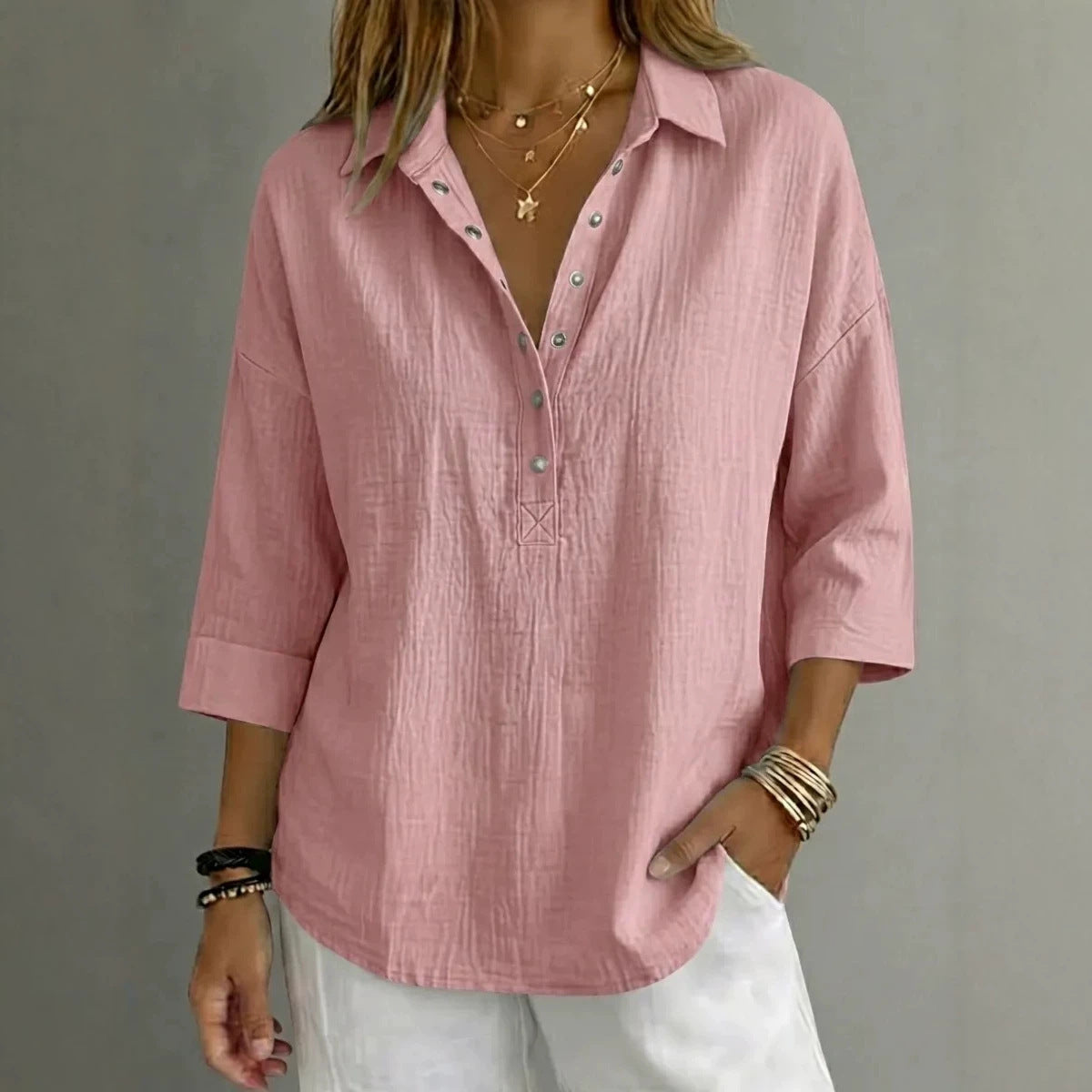 New Arrivalš„ Women's Casual Linen Blend Henley 3/4 Sleeve Shirt