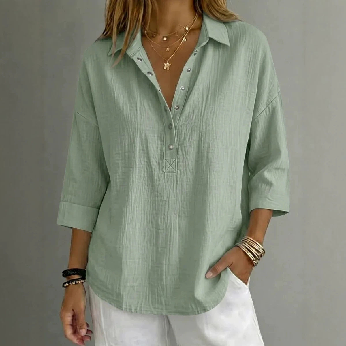 New Arrivalš„ Women's Casual Linen Blend Henley 3/4 Sleeve Shirt