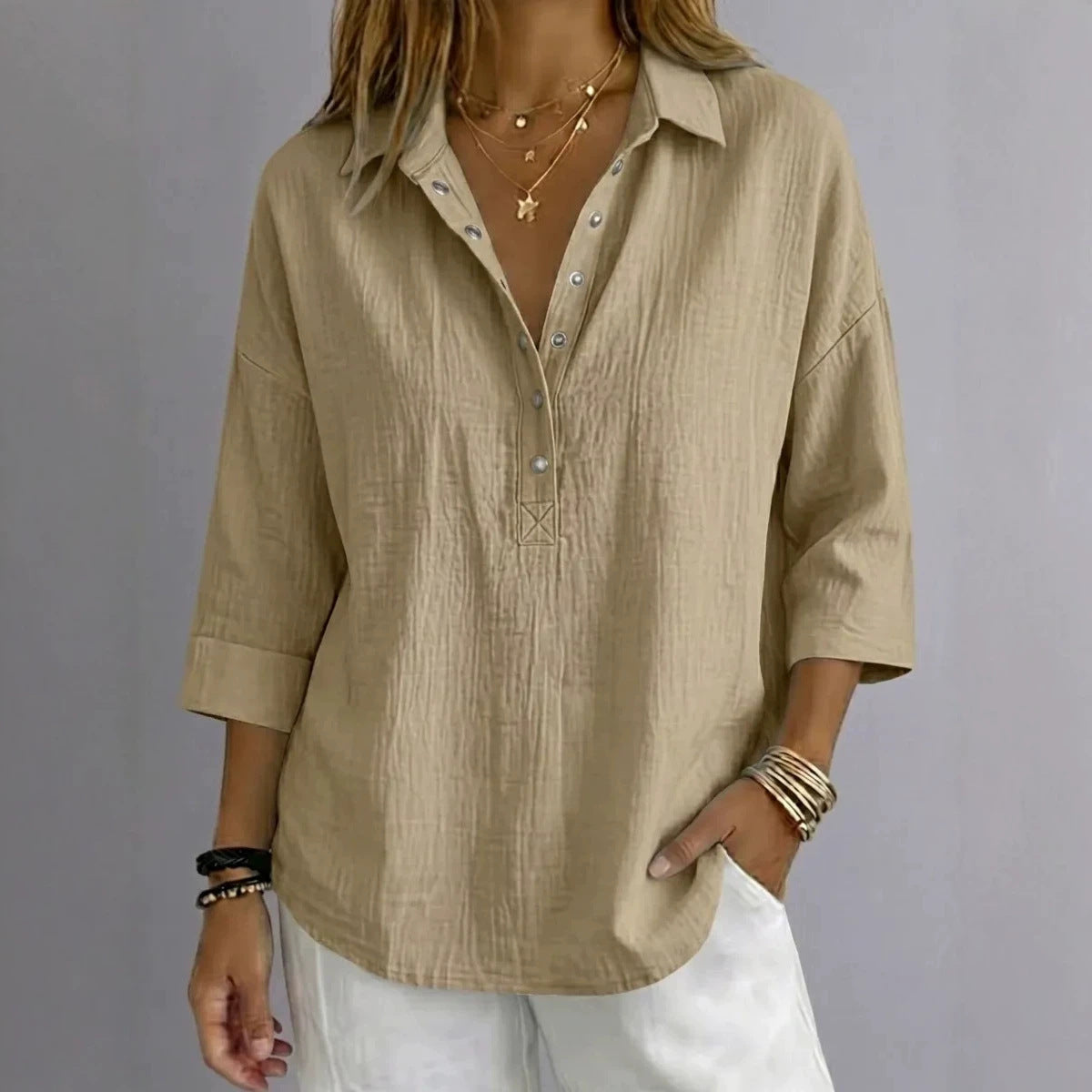 New Arrivalš„ Women's Casual Linen Blend Henley 3/4 Sleeve Shirt