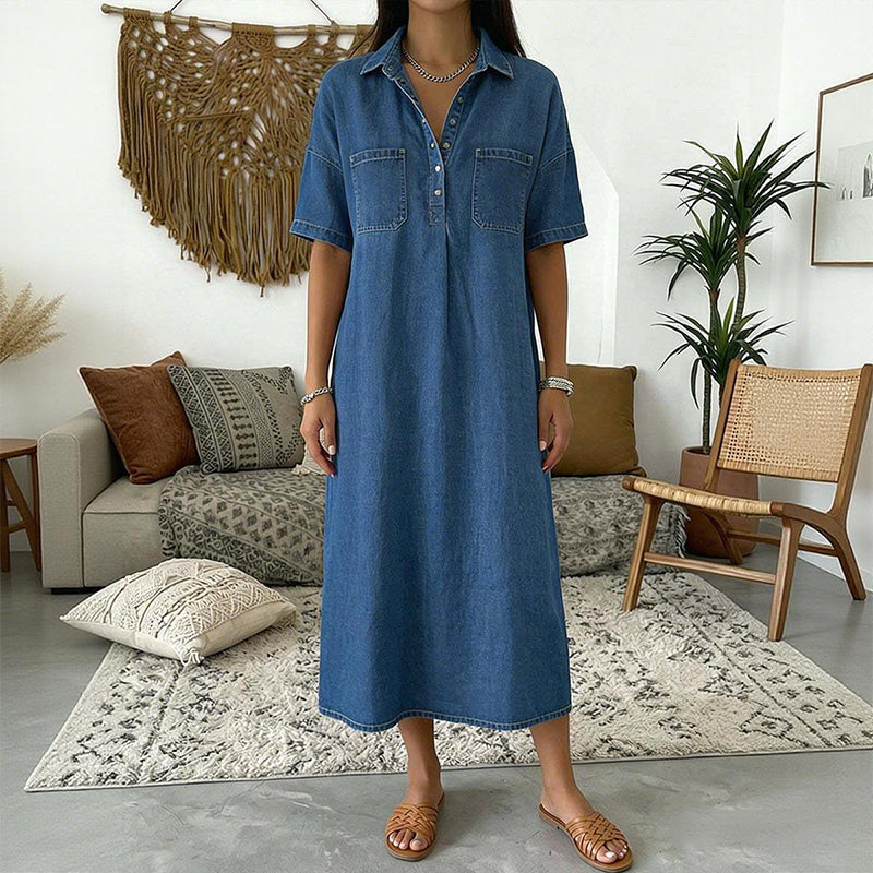 Dark blue denim-look midi shirt dress with short sleeves and pockets