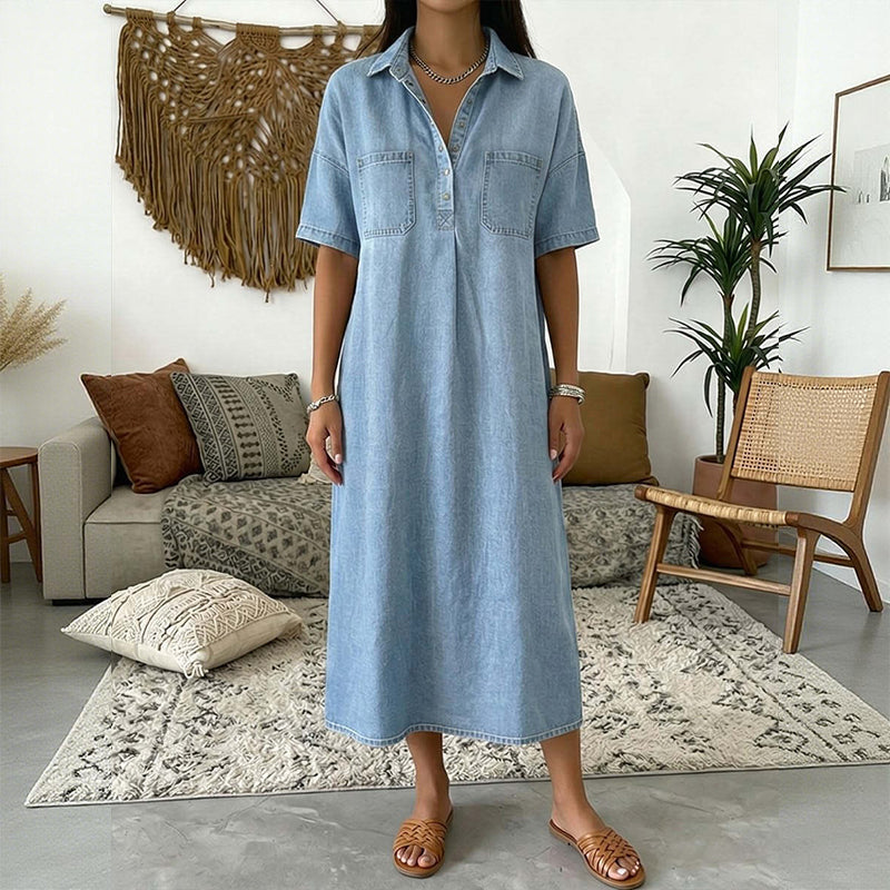 Light blue denim-look midi shirt dress with short sleeves and pockets