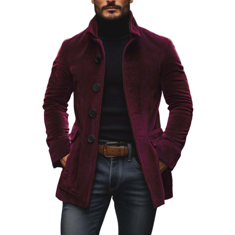 Men's Stand Collar Button Jacket in Burgundy