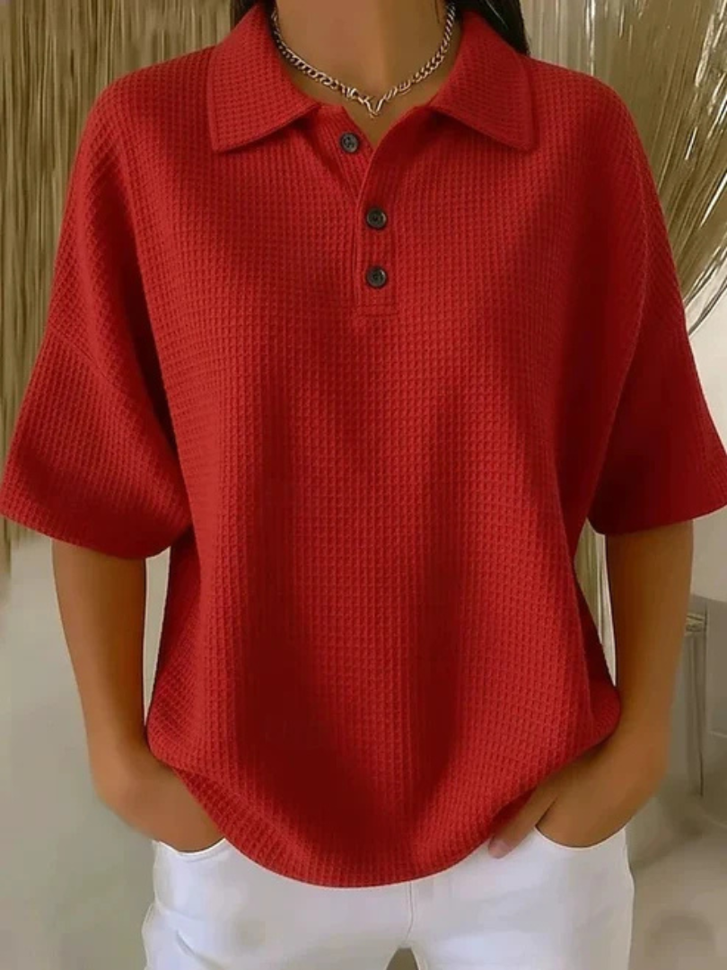 Peggie Comfortable Waffle Polo Blouse - Red