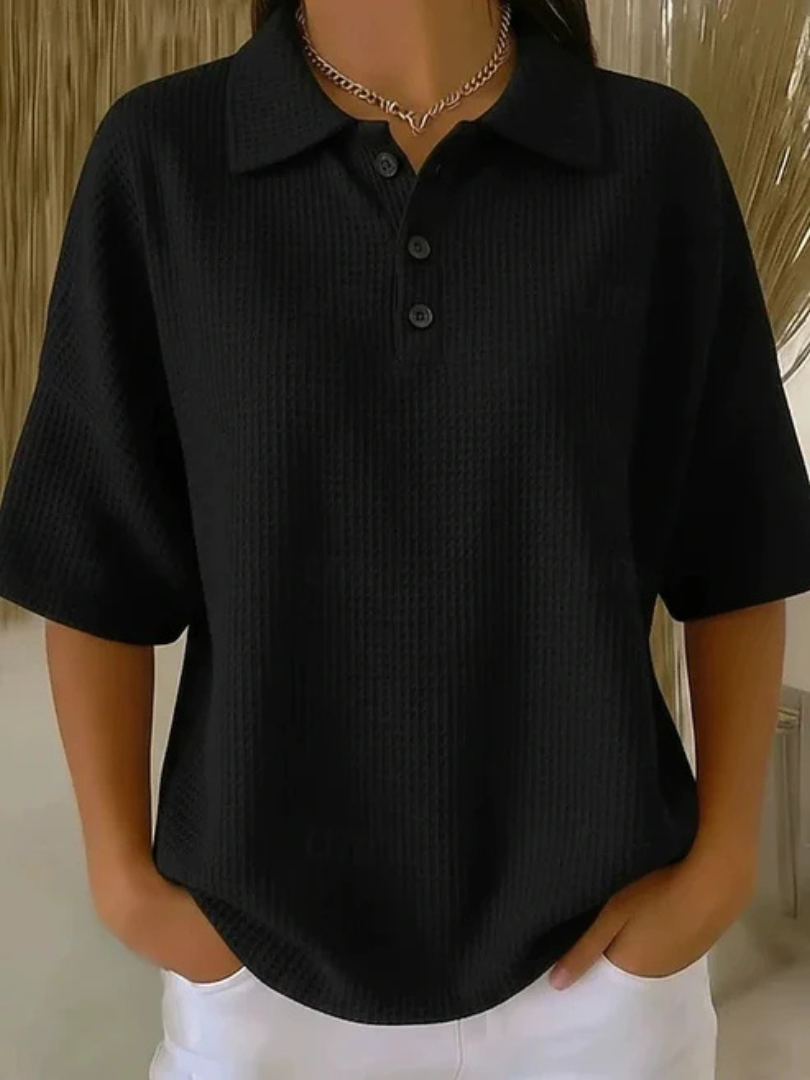 Peggie Comfortable Waffle Polo Blouse - Black