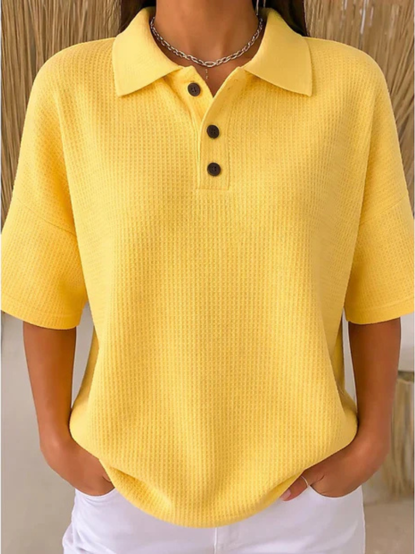 Peggie Comfortable Waffle Polo Blouse - Yellow