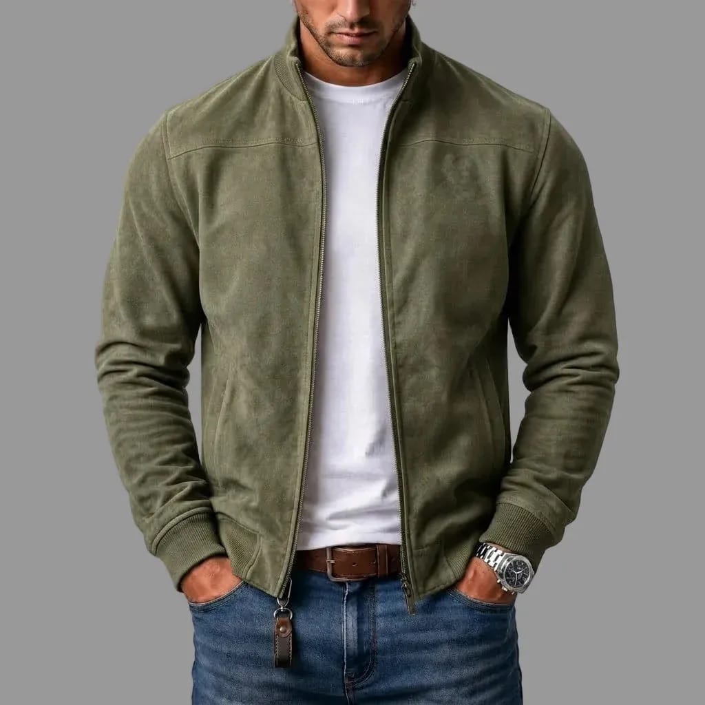 Men's suede-blend bomber jacket in olive green