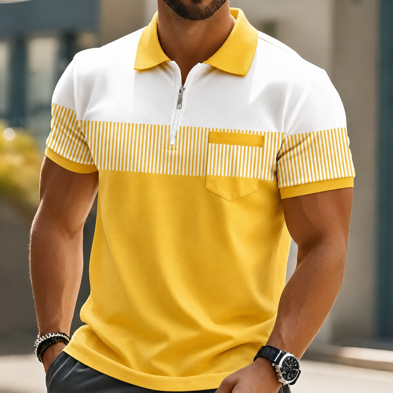 Yellow men's elegant zip polo