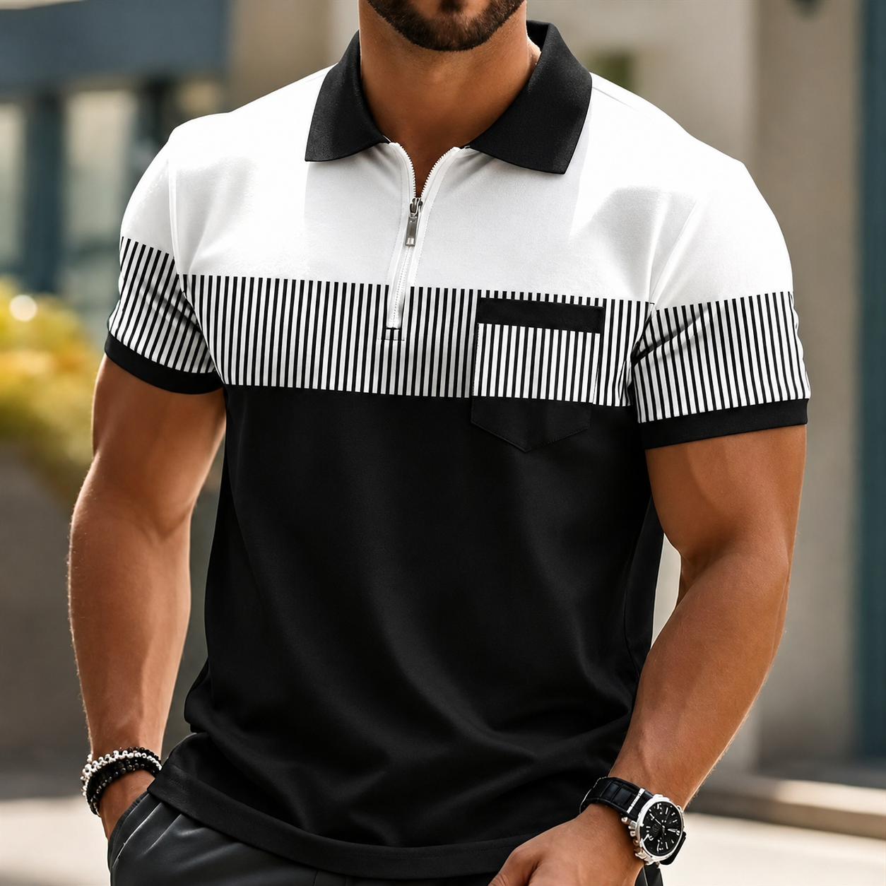 Black men's elegant zip polo
