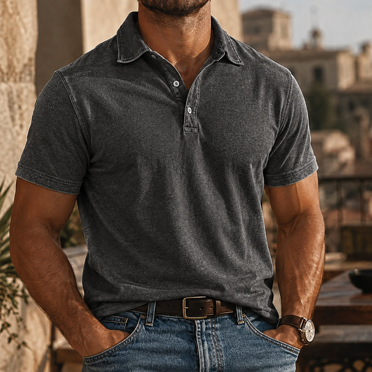 Men's Rugged Washed Cotton-Linen Polo Shirt
