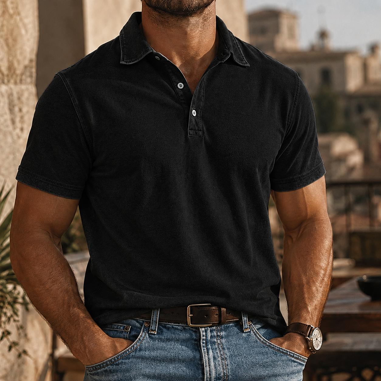 Men's Rugged Washed Cotton-Linen Polo Shirt