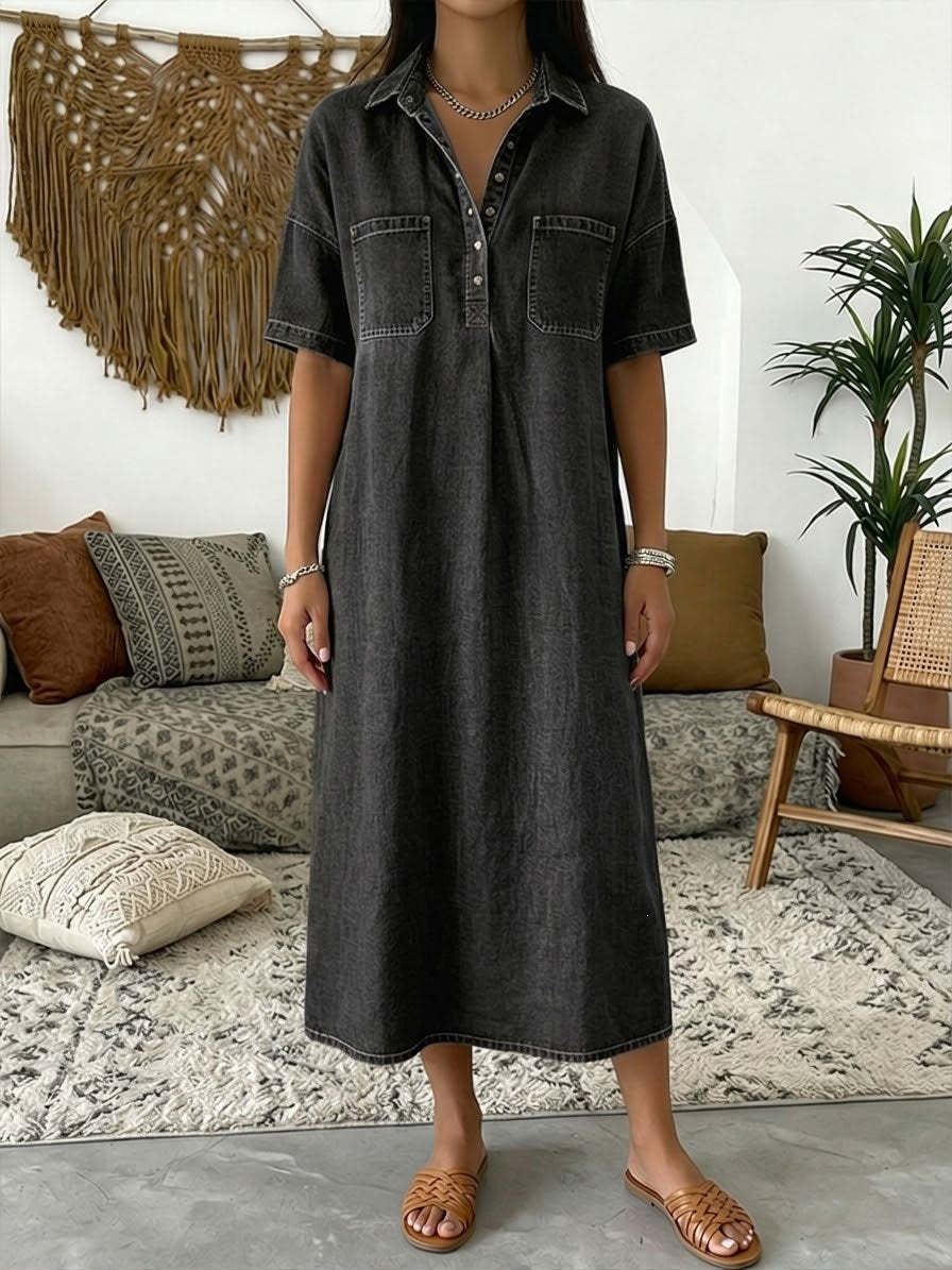 Denim-Look Midi Shirt Dress with Pockets