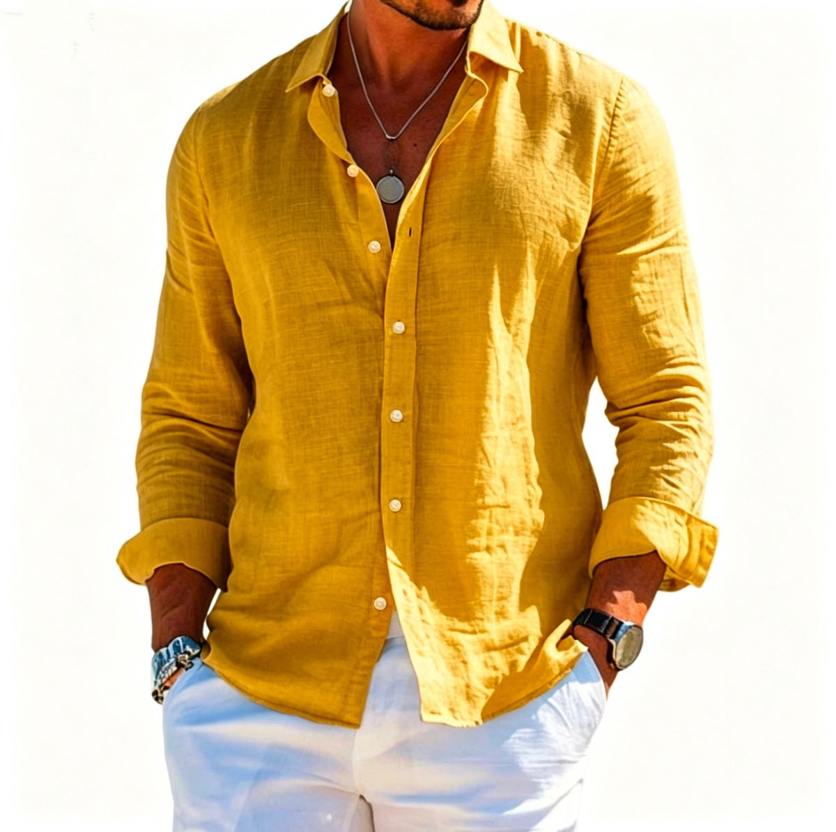 Men's textured long-sleeve shirt in yellow