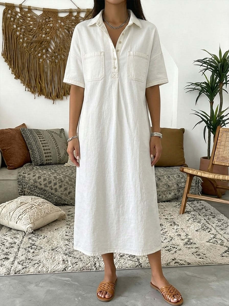Denim-Look Midi Shirt Dress with Pockets
