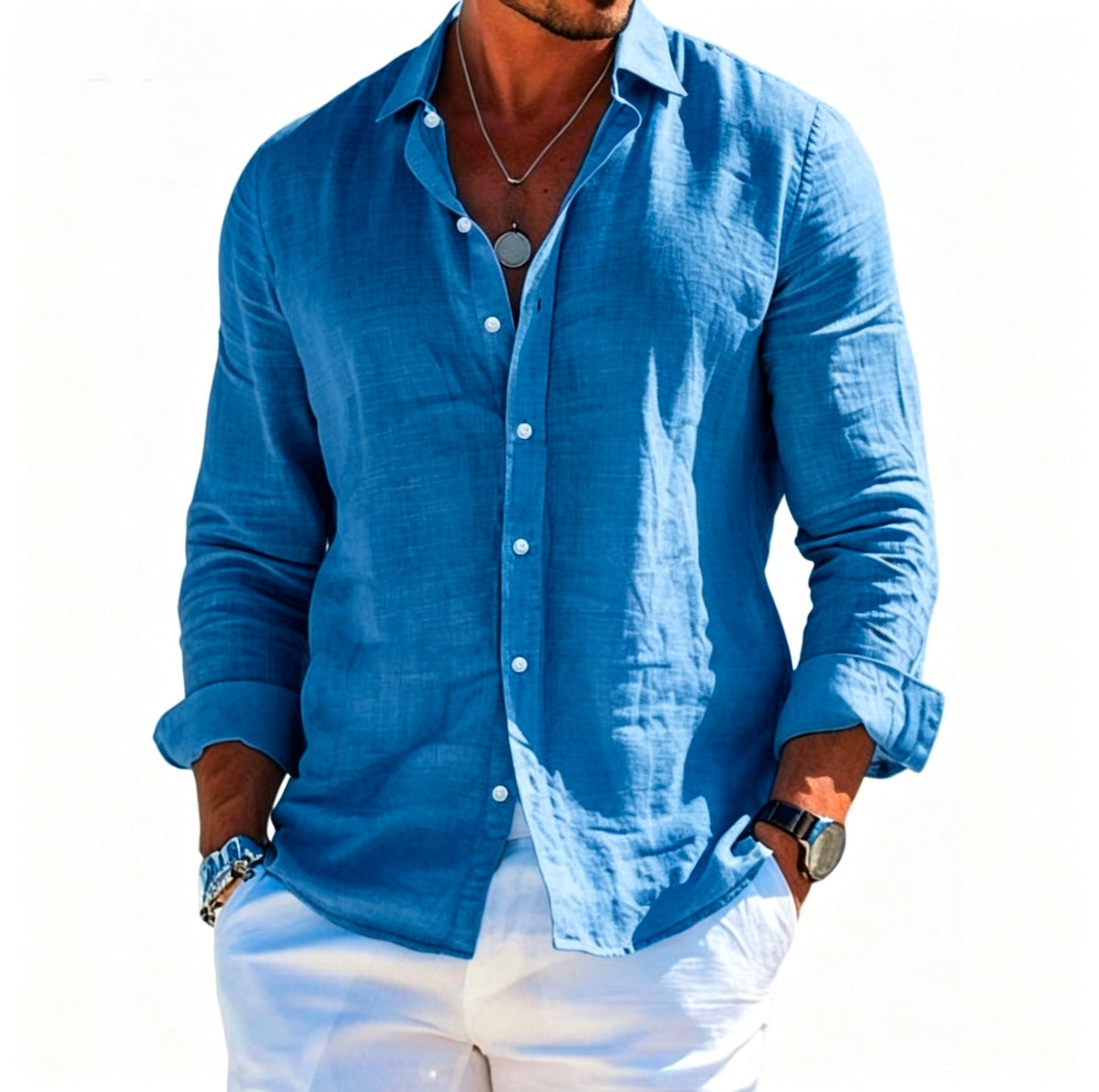 Men's textured long-sleeve shirt in lake blue