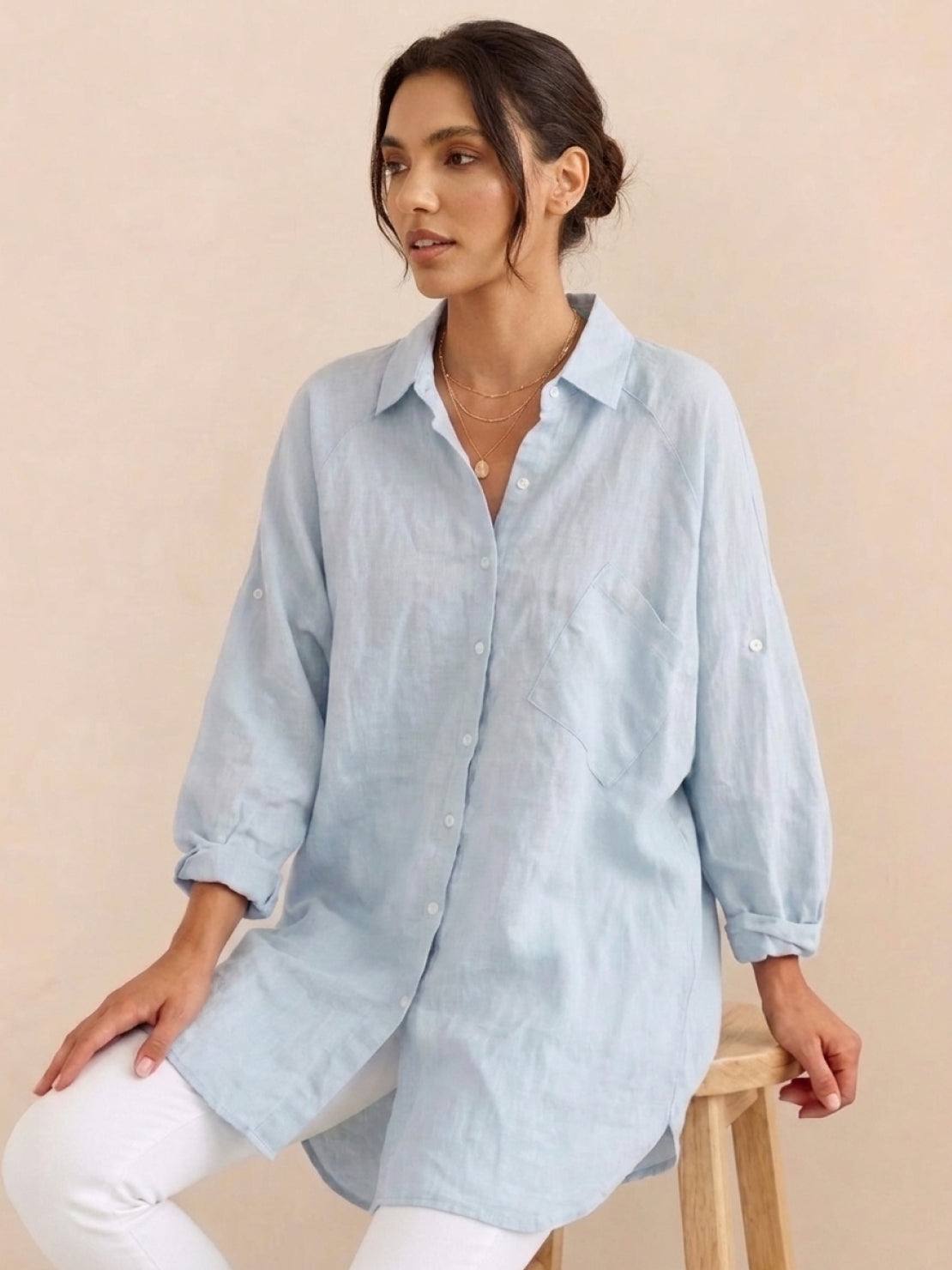 Sky Blue oversized cotton-linen shirt