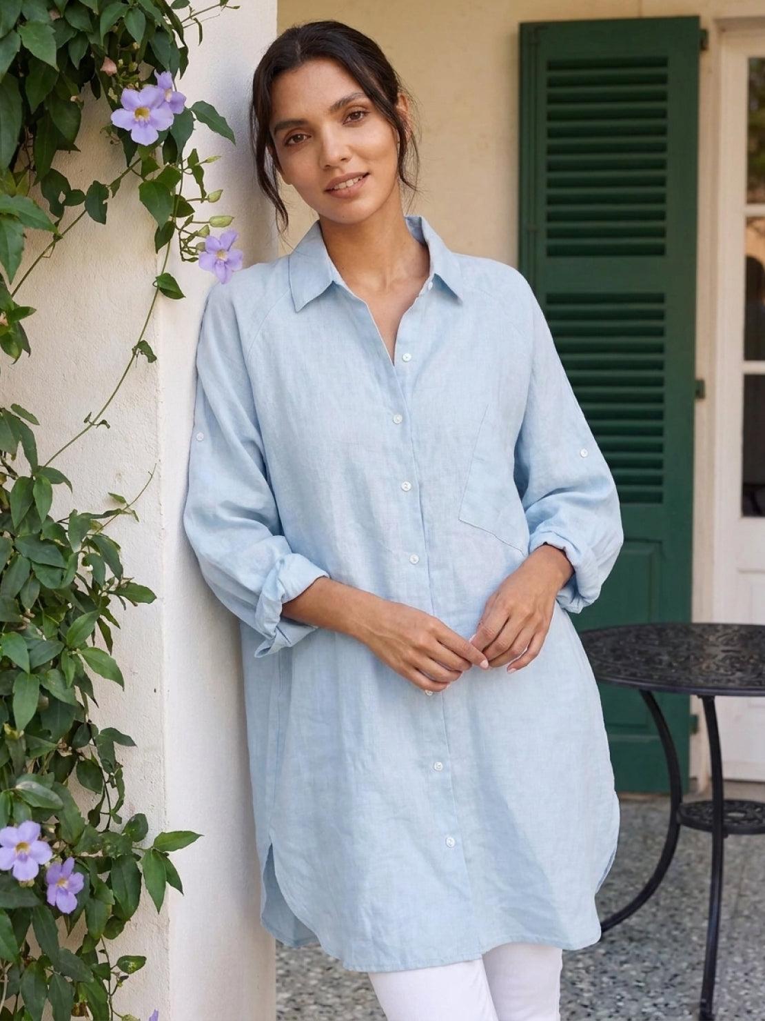 Sky Blue oversized cotton-linen shirt