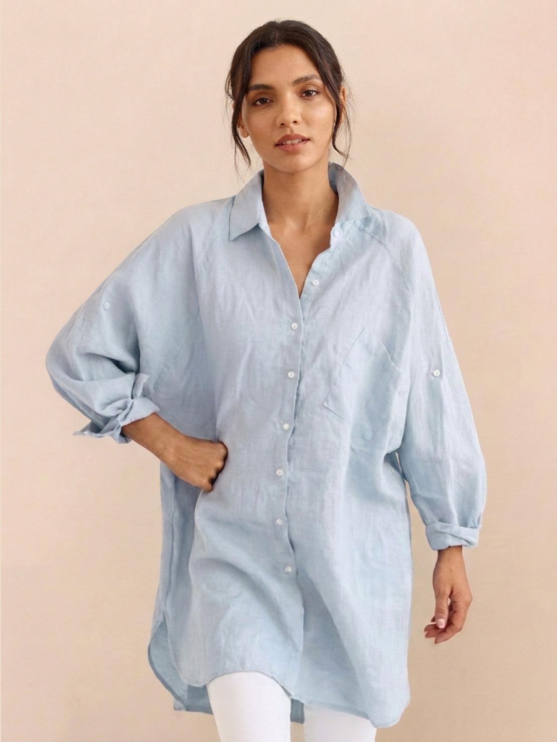 Sky Blue oversized cotton-linen shirt
