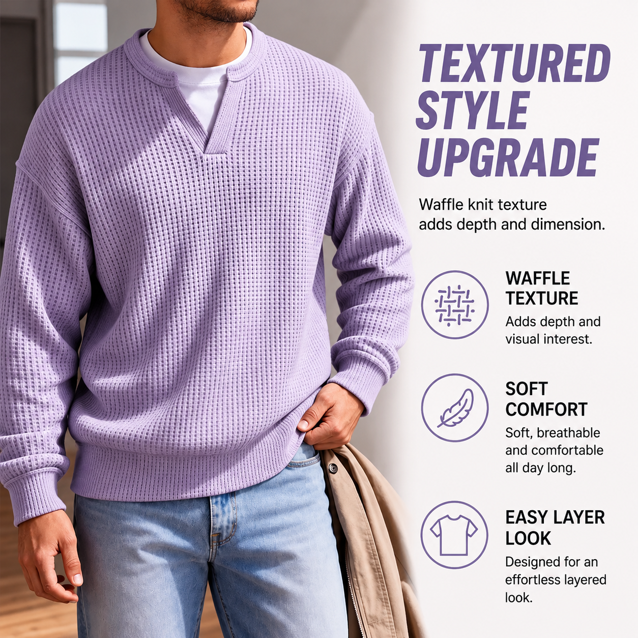 ✨ Jouw stijl‑upgrade: Getextureerd, Relaxed, Stijlvol! 👕Gelaagde comfortabele wafelgebreid T-shirt