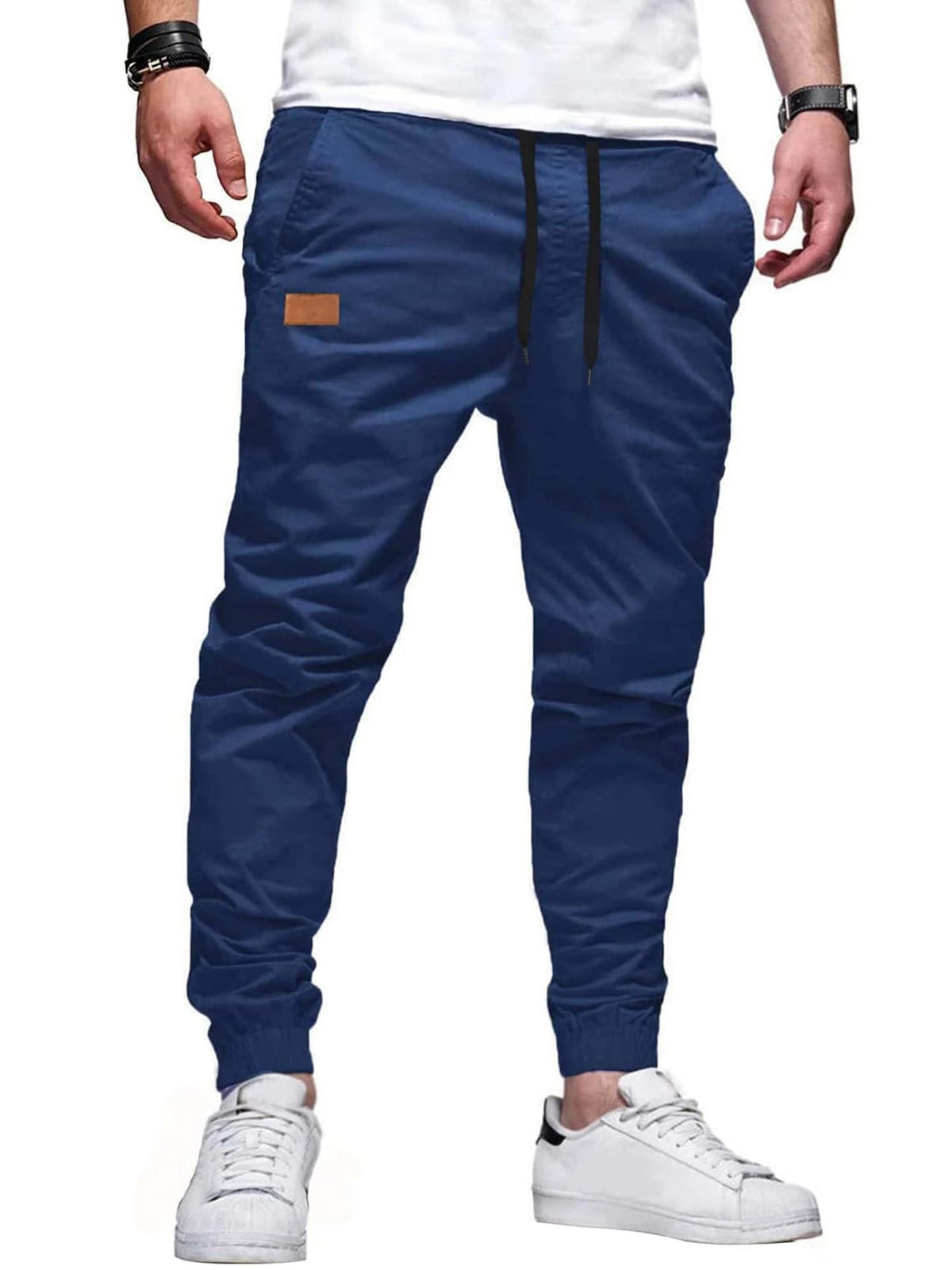 Men's dark blue stretch drawstring jogger pants – front view