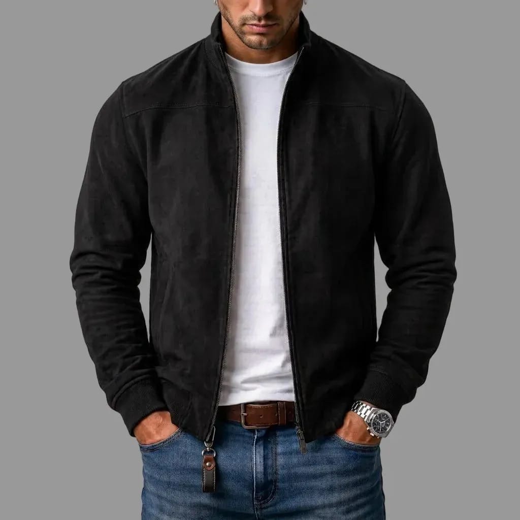 Men's suede-blend bomber jacket in black