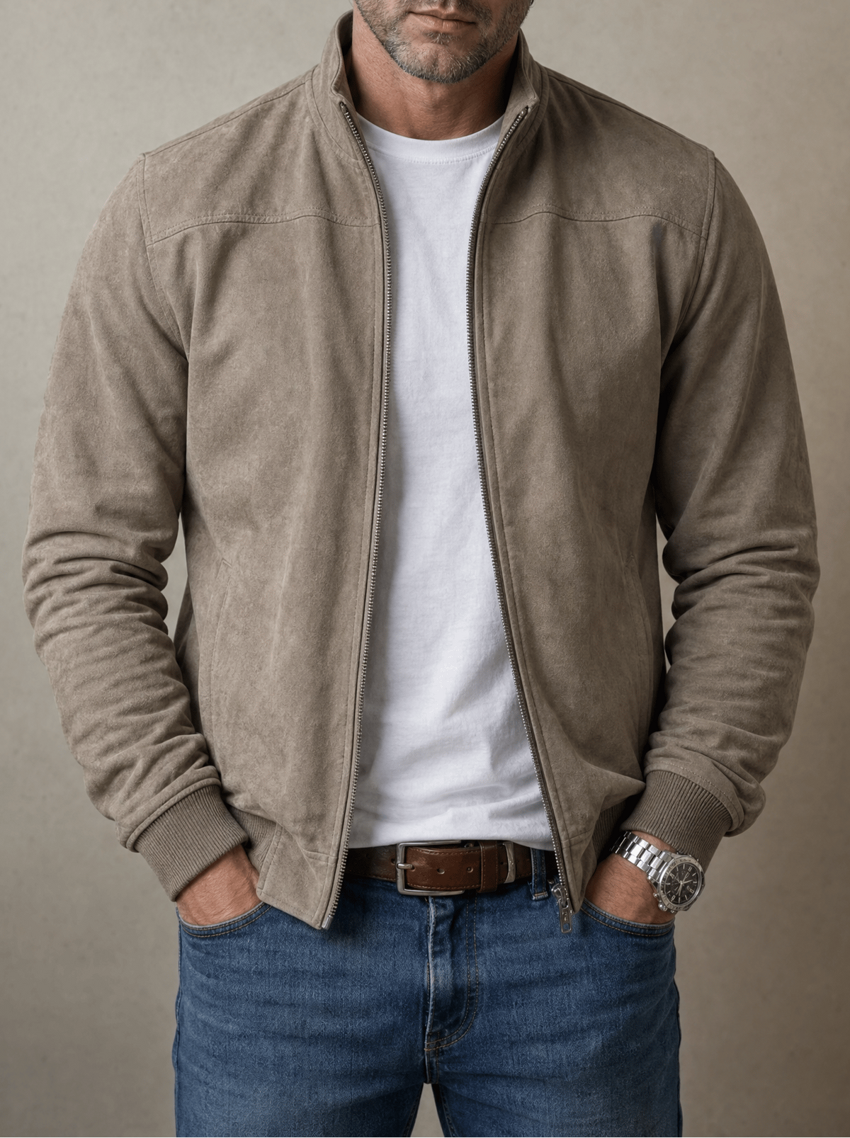 Khaki suede-blend bomber jacket styled with dark trousers