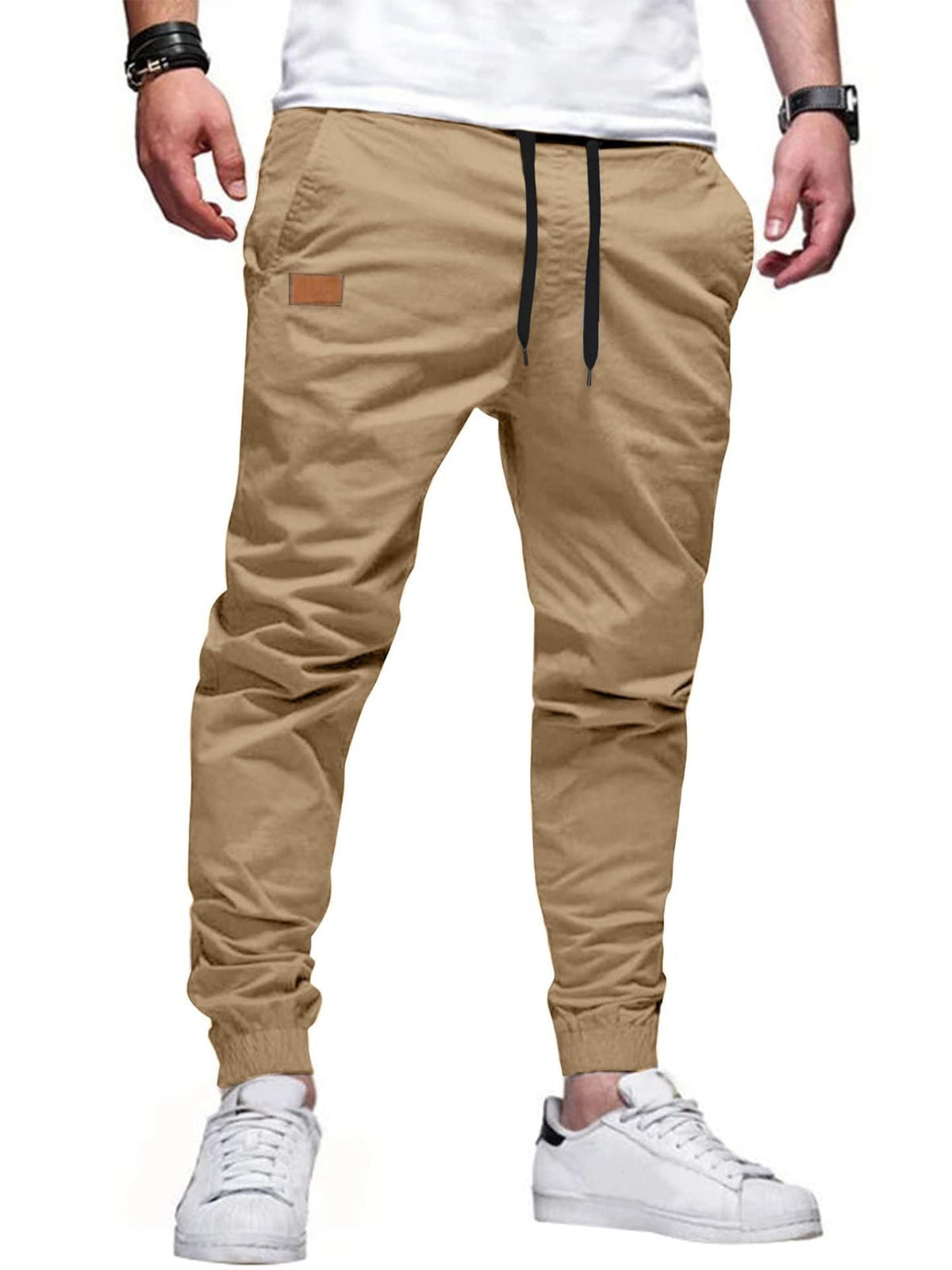 Men's light khaki stretch drawstring jogger pants