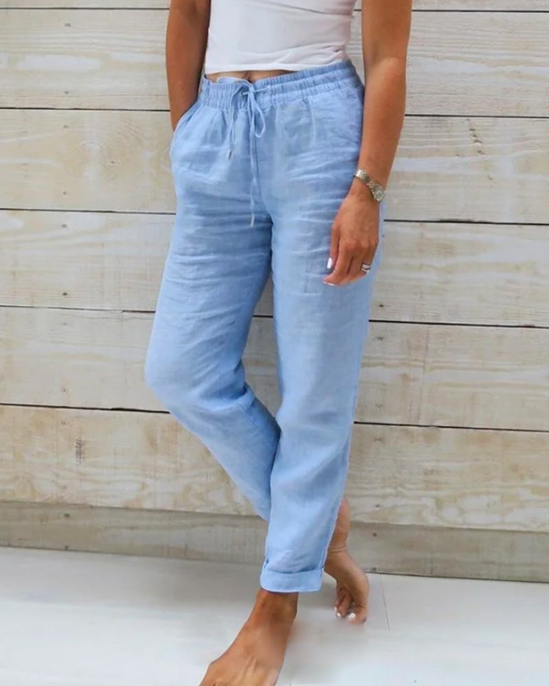 Women's blue elastic-waist cotton-linen wide-leg pants