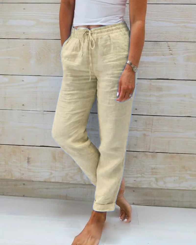 Women's khaki elastic-waist cotton-linen wide-leg pants