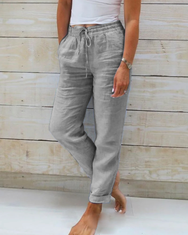 Women's grey elastic-waist cotton-linen wide-leg pants