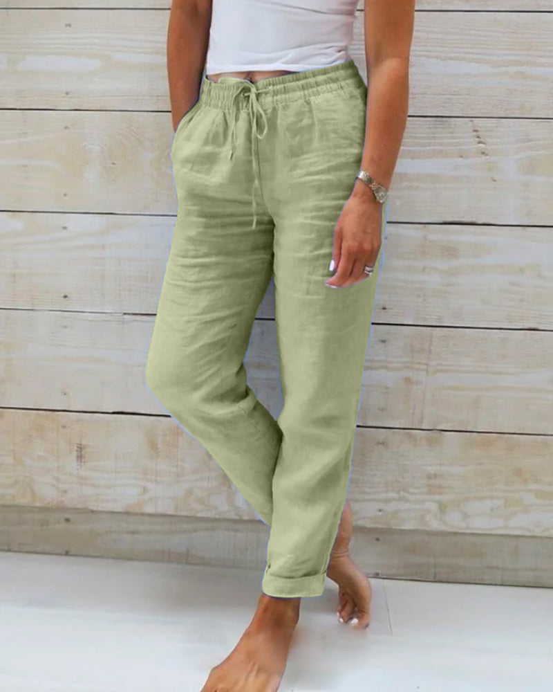 Women's green elastic-waist cotton-linen wide-leg pants