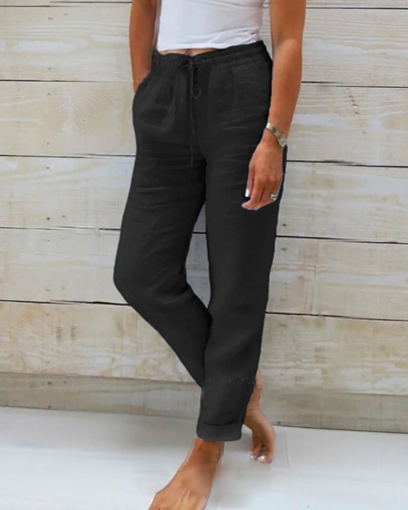 Women's black elastic-waist cotton-linen wide-leg pants