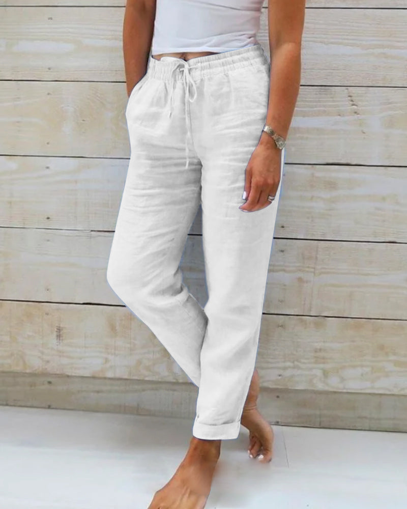 Women's white elastic-waist cotton-linen wide-leg pants