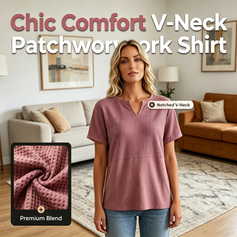 Women's Textured V-Neck Patchwork Short Sleeve Top - product view 1