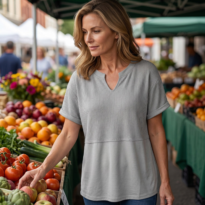 Women's Textured V-Neck Patchwork Short Sleeve Top - product view 6