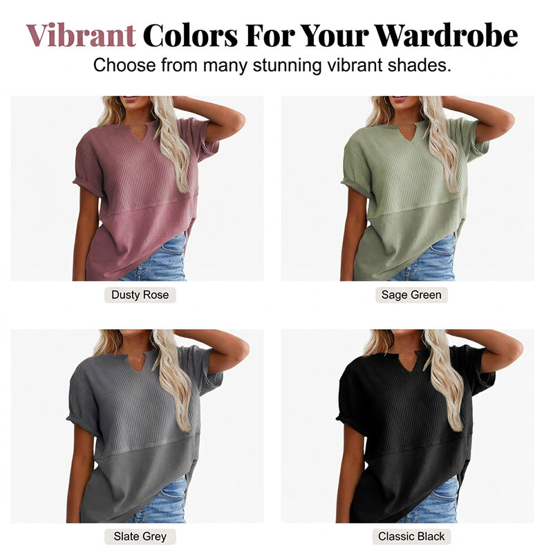 Women's Textured V-Neck Patchwork Short Sleeve Top - product view 8