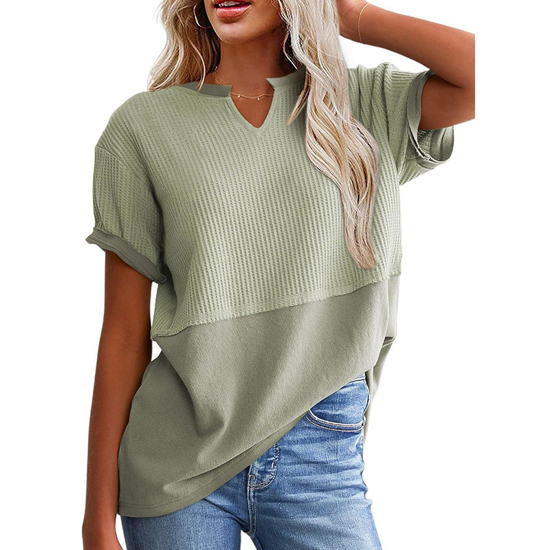 Women's Textured V-Neck Patchwork Short Sleeve Top - product view 10