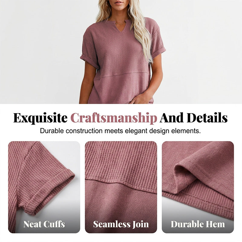 Women's Textured V-Neck Patchwork Short Sleeve Top - product view 7
