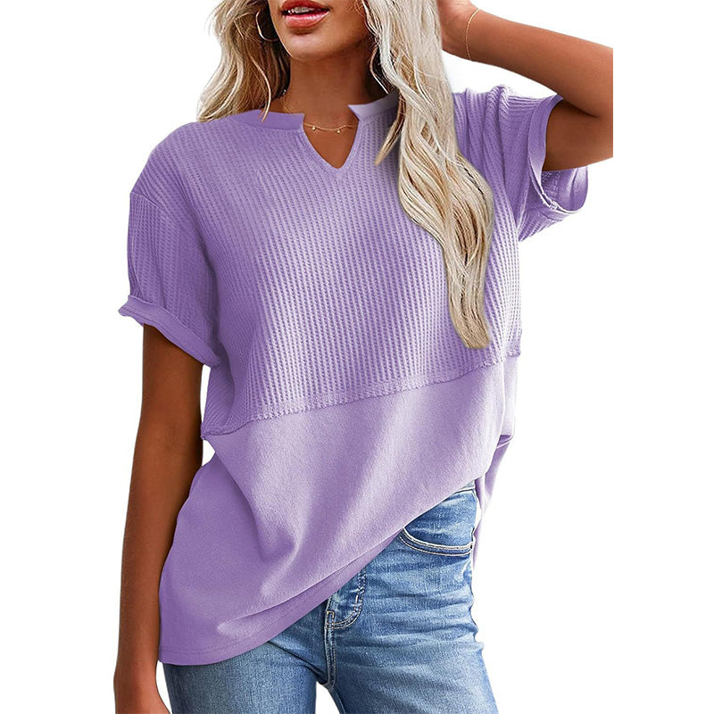 Women's Textured V-Neck Patchwork Short Sleeve Top - product view 13