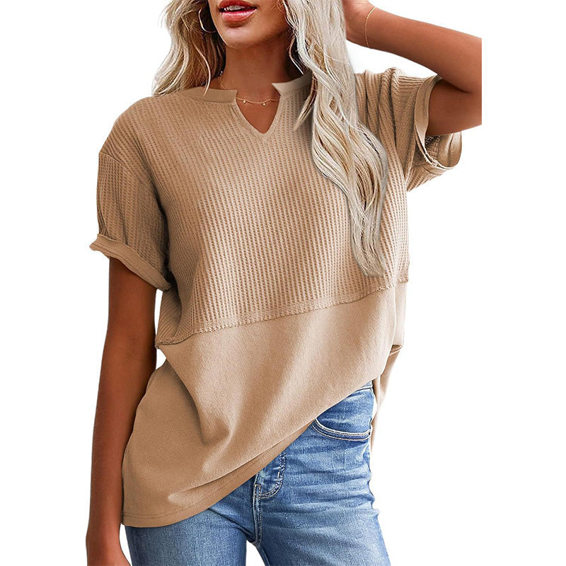 Women's Textured V-Neck Patchwork Short Sleeve Top - product view 12
