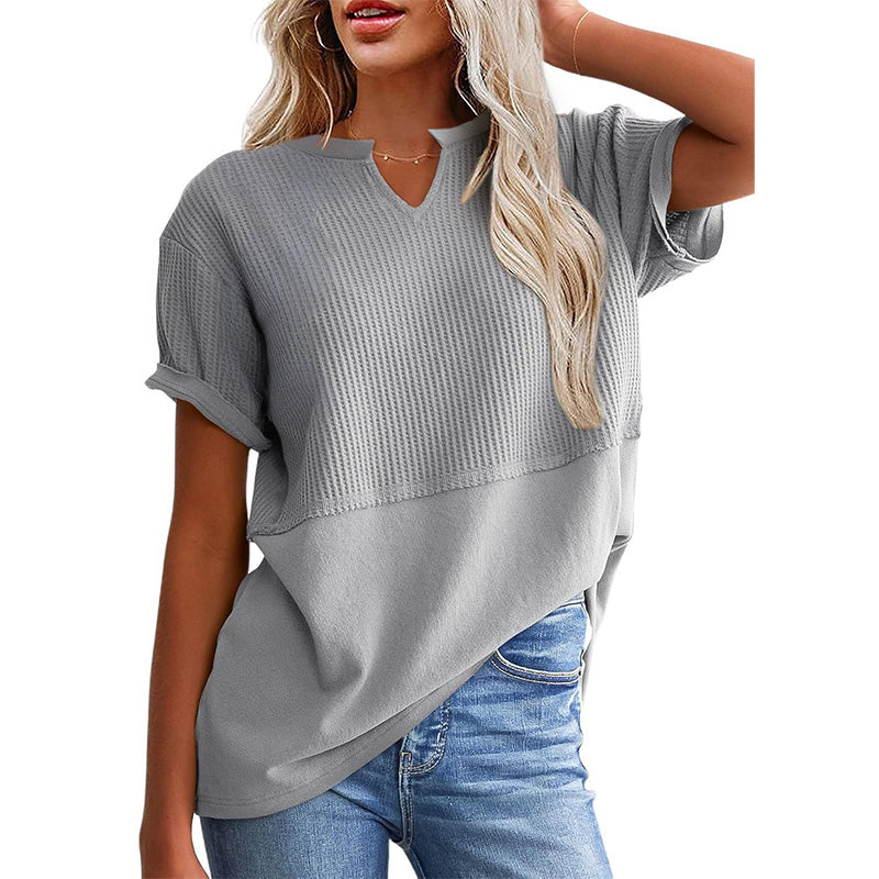 Women's Textured V-Neck Patchwork Short Sleeve Top - product view 14