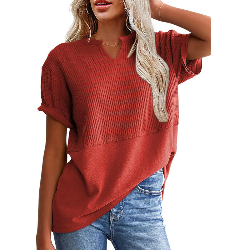Women's Textured V-Neck Patchwork Short Sleeve Top - product view 11