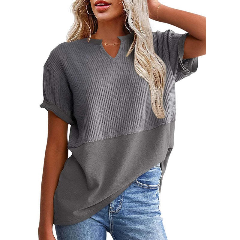 Women's Textured V-Neck Patchwork Short Sleeve Top - product view 16