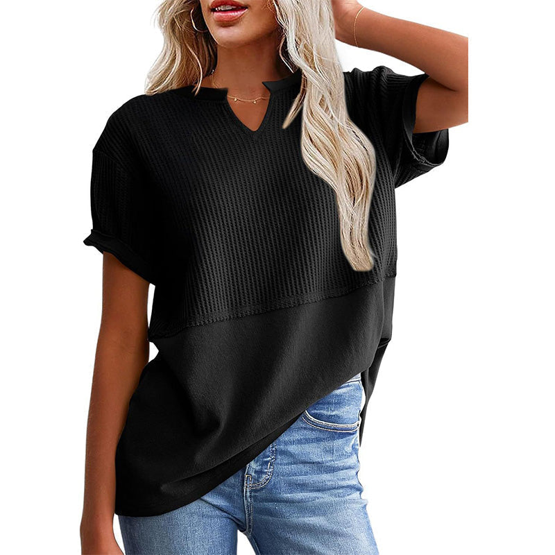 Women's Textured V-Neck Patchwork Short Sleeve Top - product view 15