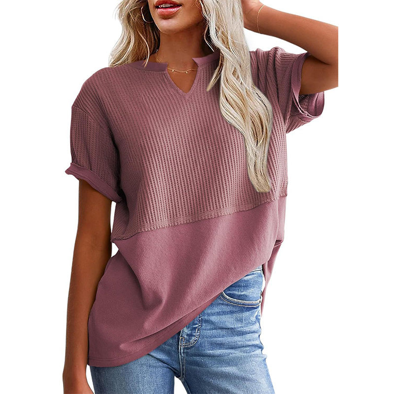 Women's Textured V-Neck Patchwork Short Sleeve Top - product view 18